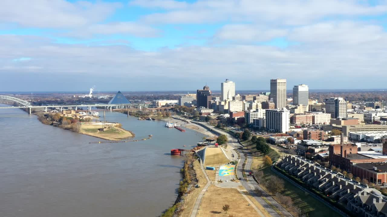 Time-lapse video of Memphis, TN from above the Mississippi River in November under partly cloudy skies.