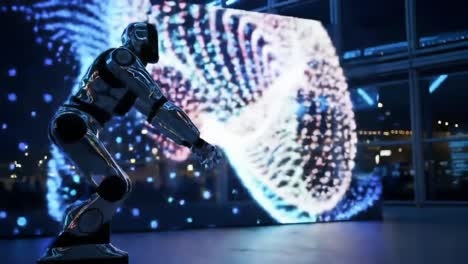 a dynamic robot in motion: captivating display of technology and creativity with a futuristic background of colorful digital patterns