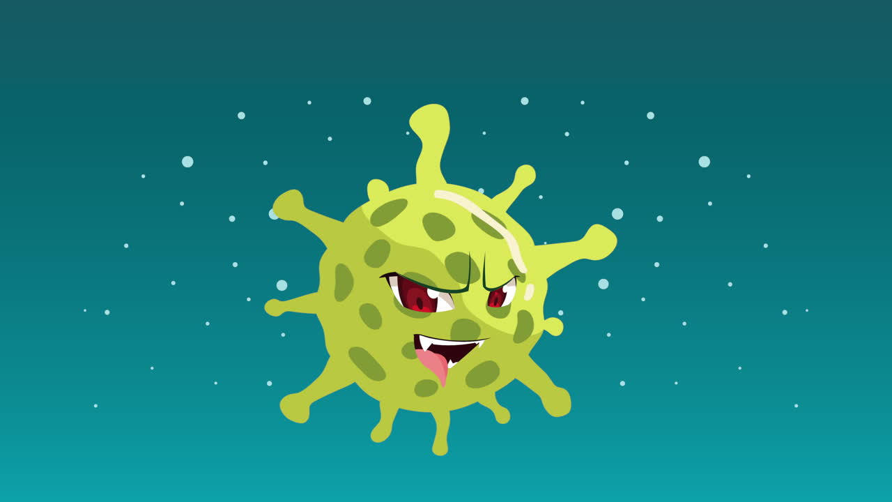 animación de personajes cómicos de partículas de covid-19