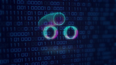 animation of neon circles over binary code on digital screen