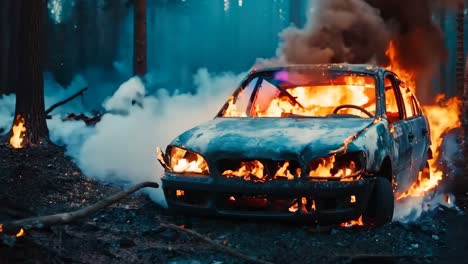 a burnt out car in the middle of a forest