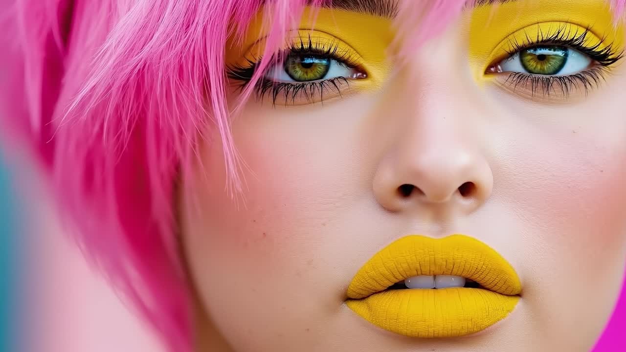 A close up of a woman with bright pink hair and yellow lipstick