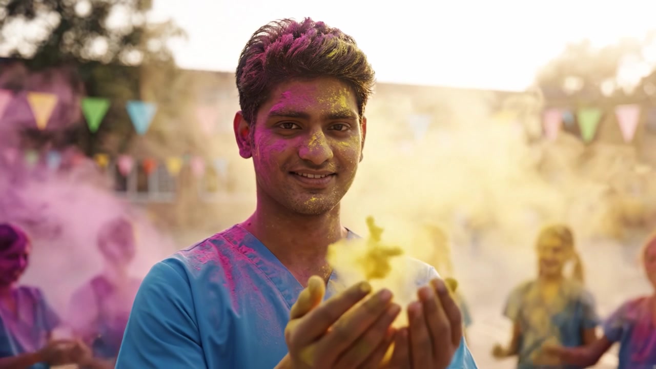 Una Gioiosa Celebrazione di Colori: Un Giovane Sorridente Circondato da Amici Allegri durante un Vibrante Festival Pieno di Polvere Holi in un Ambiente Festoso