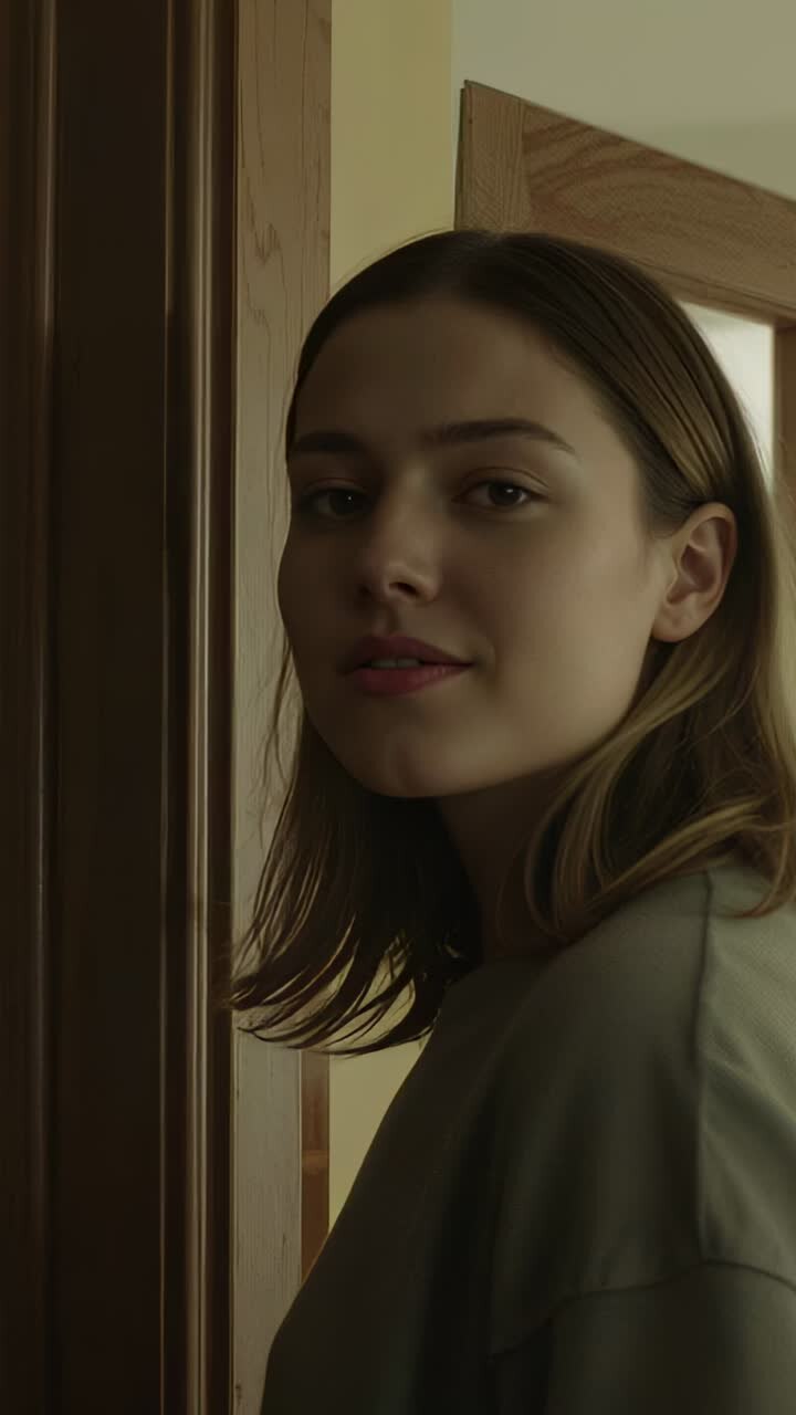Vertical video: Camera filming woman in muted top closing eyes turning to doorway shifting gaze