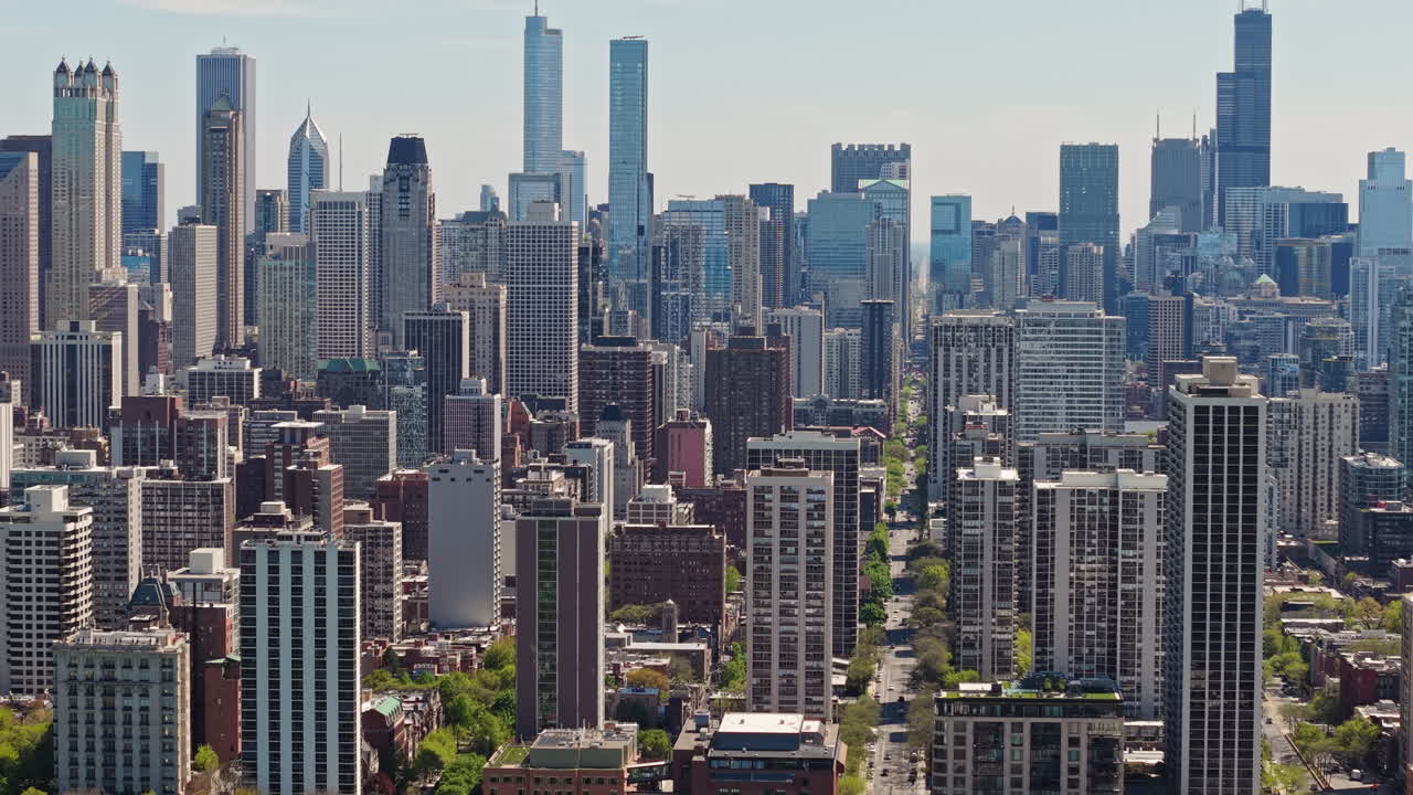 Chicago USA Downtown Skyline, Towers and Skyscrapers on Sunny Day, Drone Shot, Aerial View