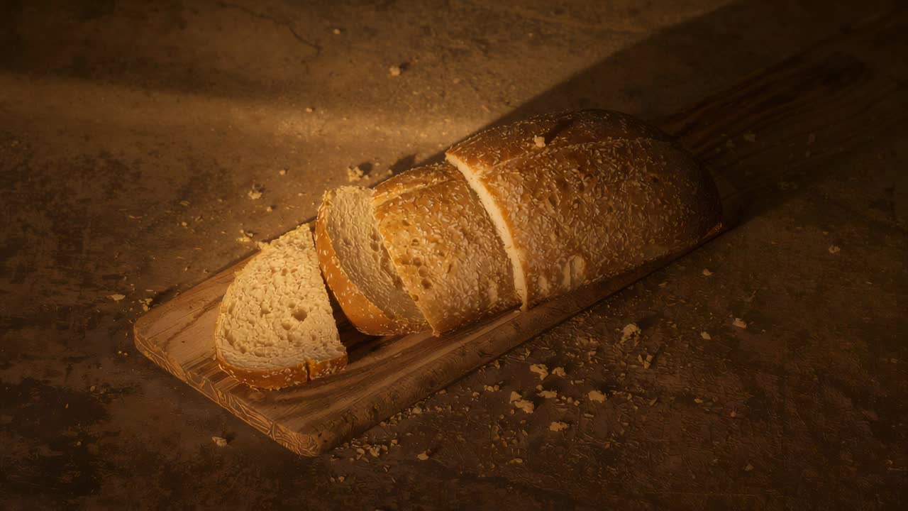 Luce calda tremolante proietta un'ombra morbida su un filone di pane affettato su un vassoio di legno, briciole.