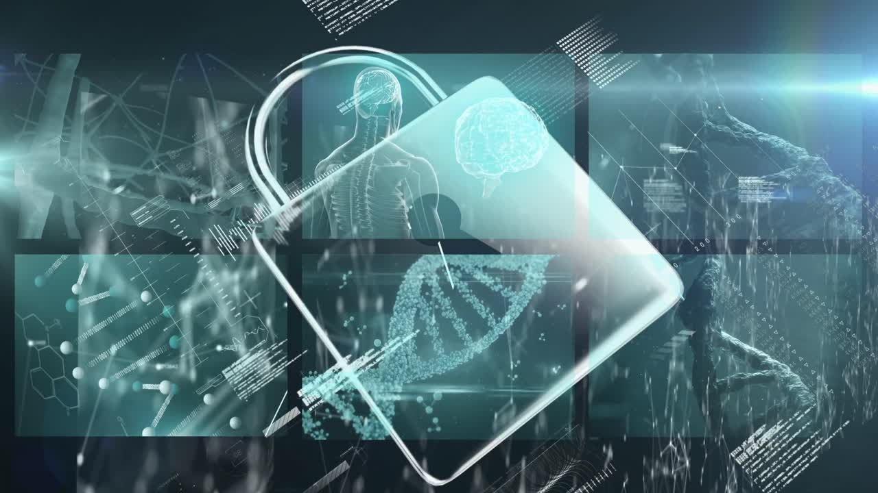 animación del icono del candado sobre el procesamiento de datos en fondo negro