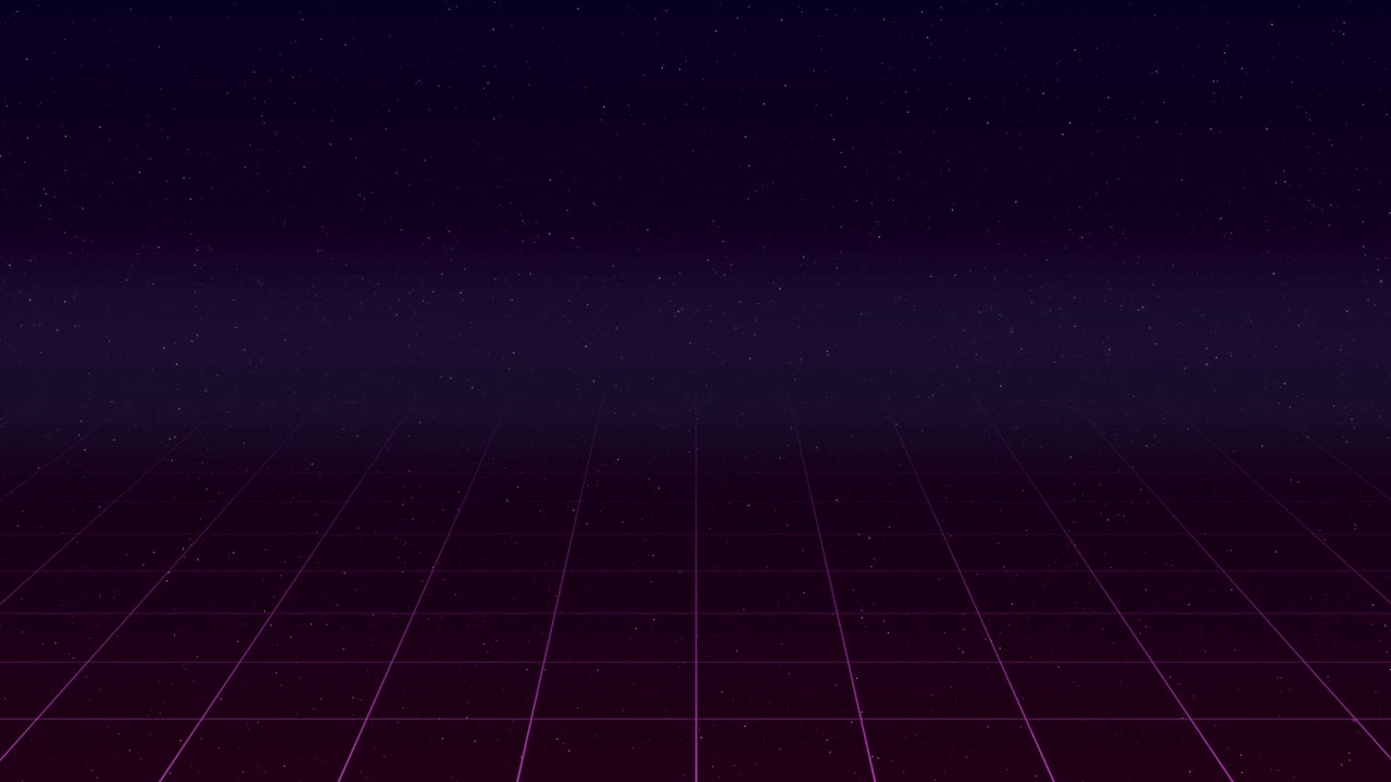 Retro animation of a white grid moving on a dark blue foggy background.