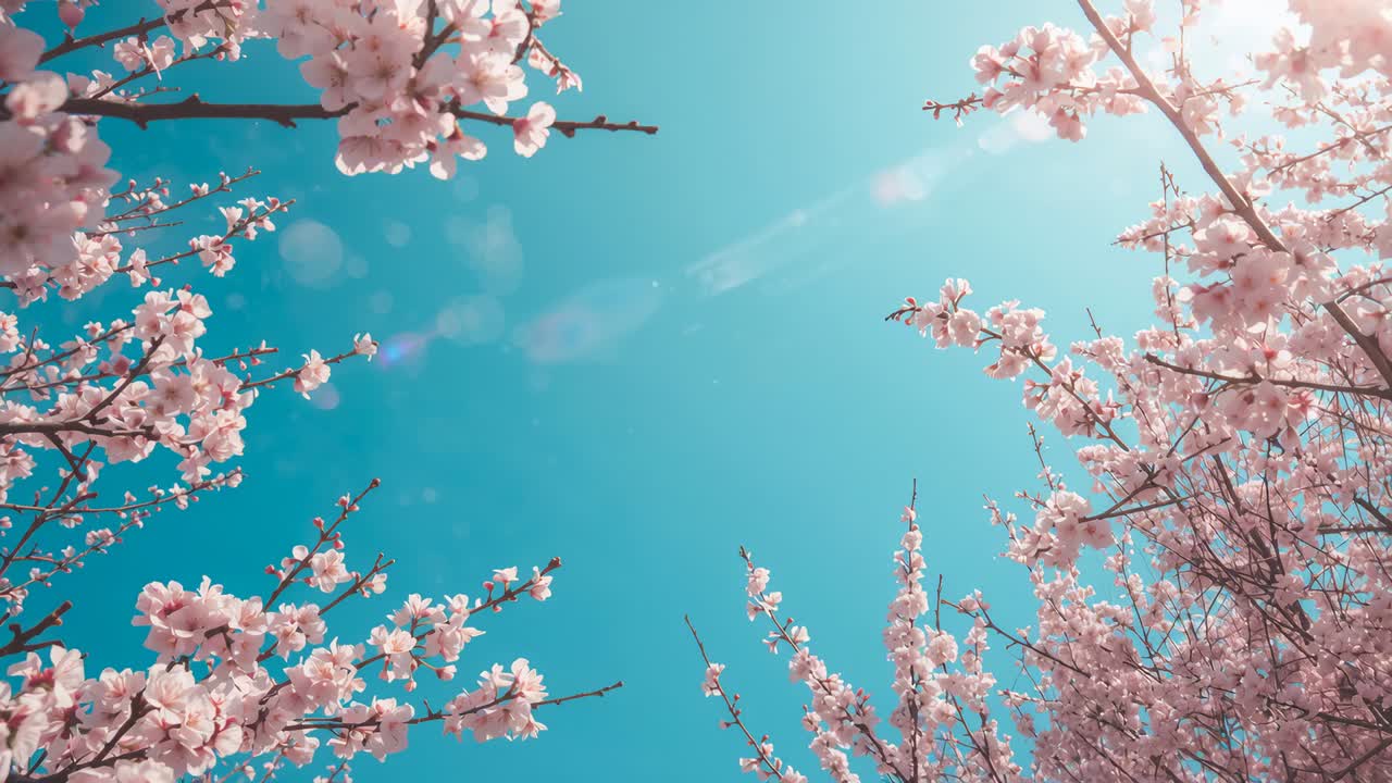 Swaying branches with pale pink blossoms in park, light breeze sending petals drifting, sun flare