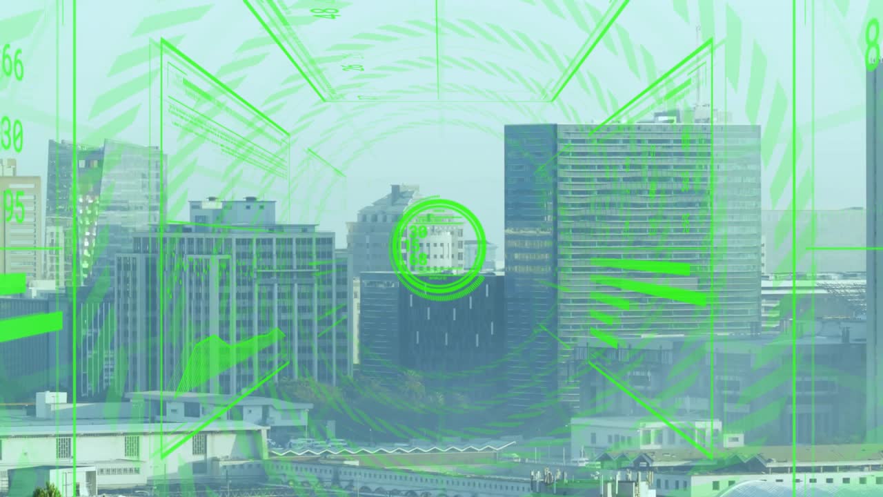 HUD overlay emerging, initiating reticle locking midrise, rings pulsing, grid sweeping for scan