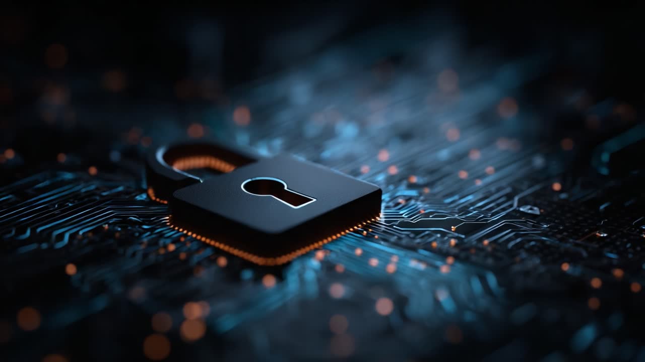 A Close-Up View of a Black Padlock on a Circuit Board, Symbolizing Data Security and Digital Protection Against Cyber Threats