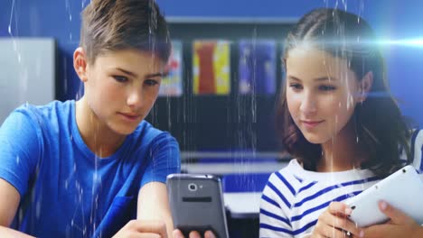Animation-of-lights-over-smiling-male-and-female-students-using-smartphone-and-tablet