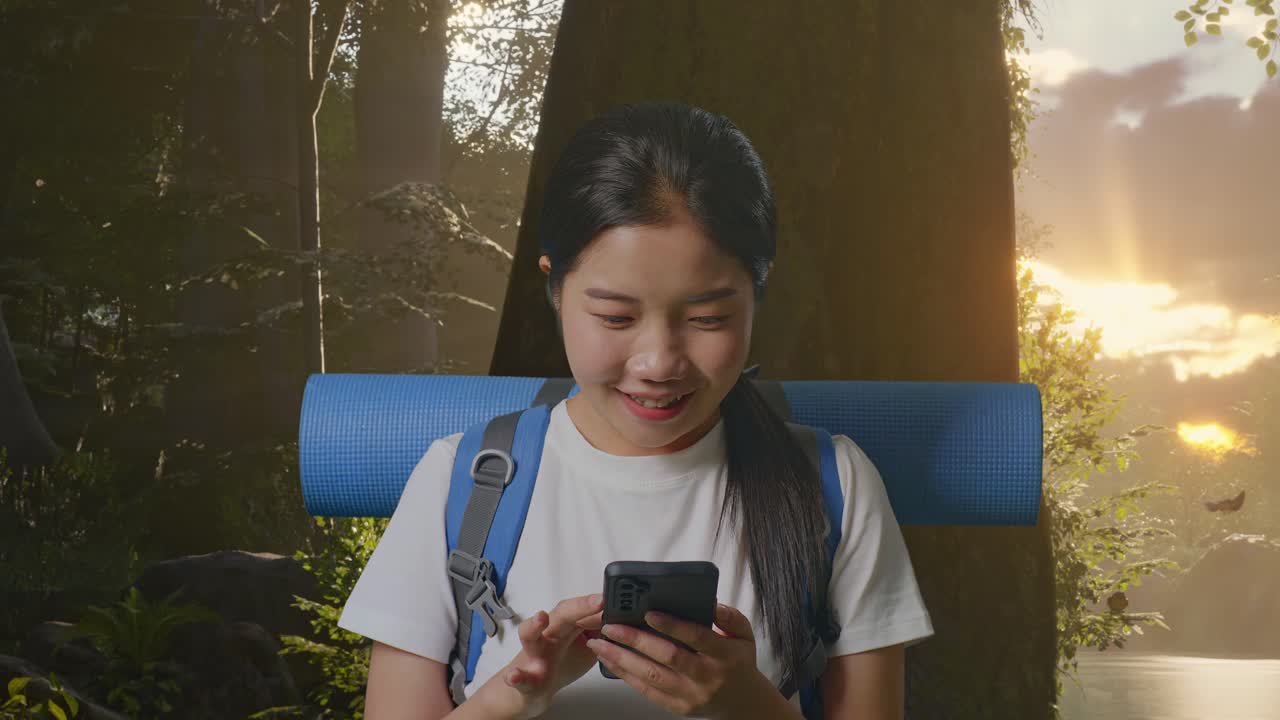 산악 배을 들고 스마트폰을 보고 숲의 자연을 탐험하는 동안 와우라고 말하는 아시아 여성 하이커의 클로즈업