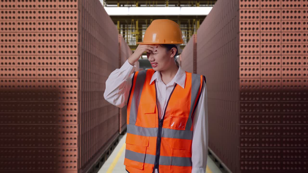 Asian Female Engineer With Safety Helmet Having A Headache While Working With Red Brick Packed in Stacks Are Stored