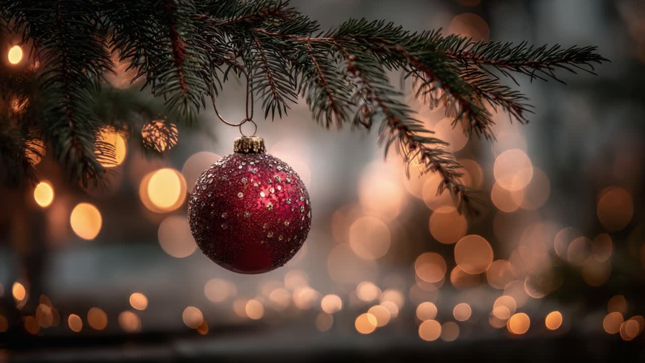 Una scintillante decorazione natalizia rossa appesa a un ramo di pino, illuminata da luci scintillanti, cattura lo spirito festivo e la gioia delle feste