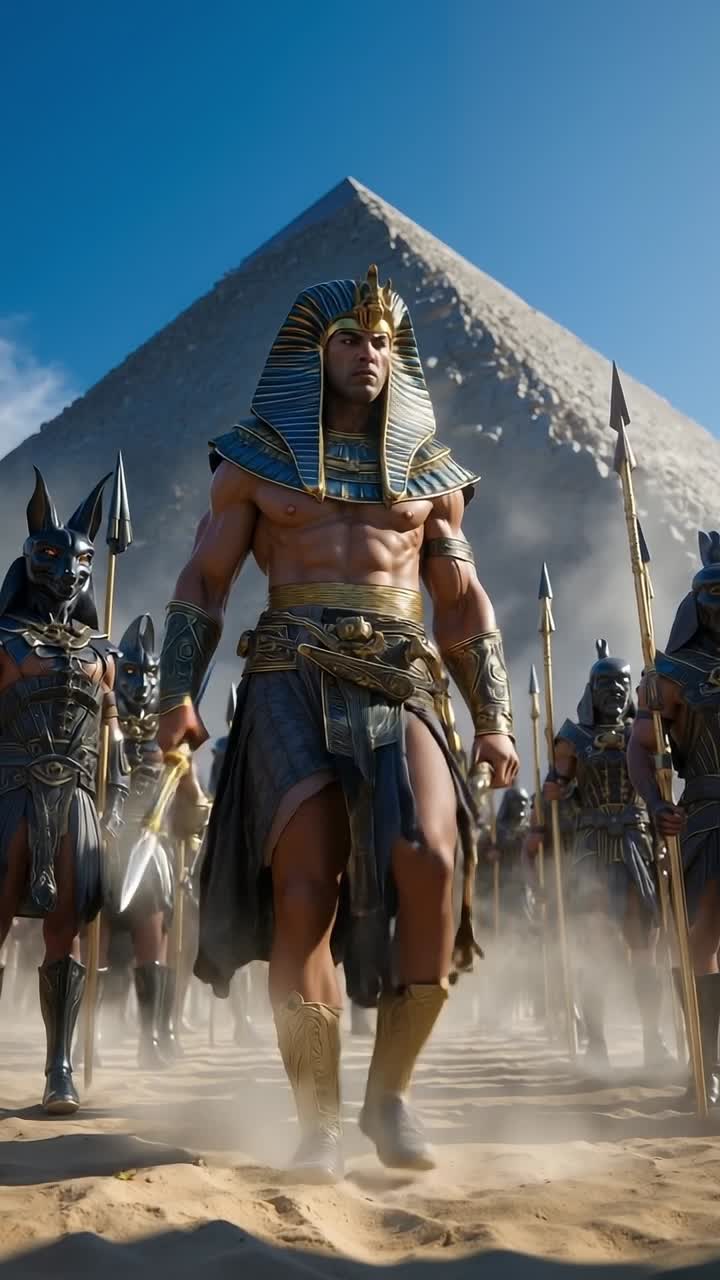 A group of men dressed in ancient egyptian costumes walking in front of a pyramid
