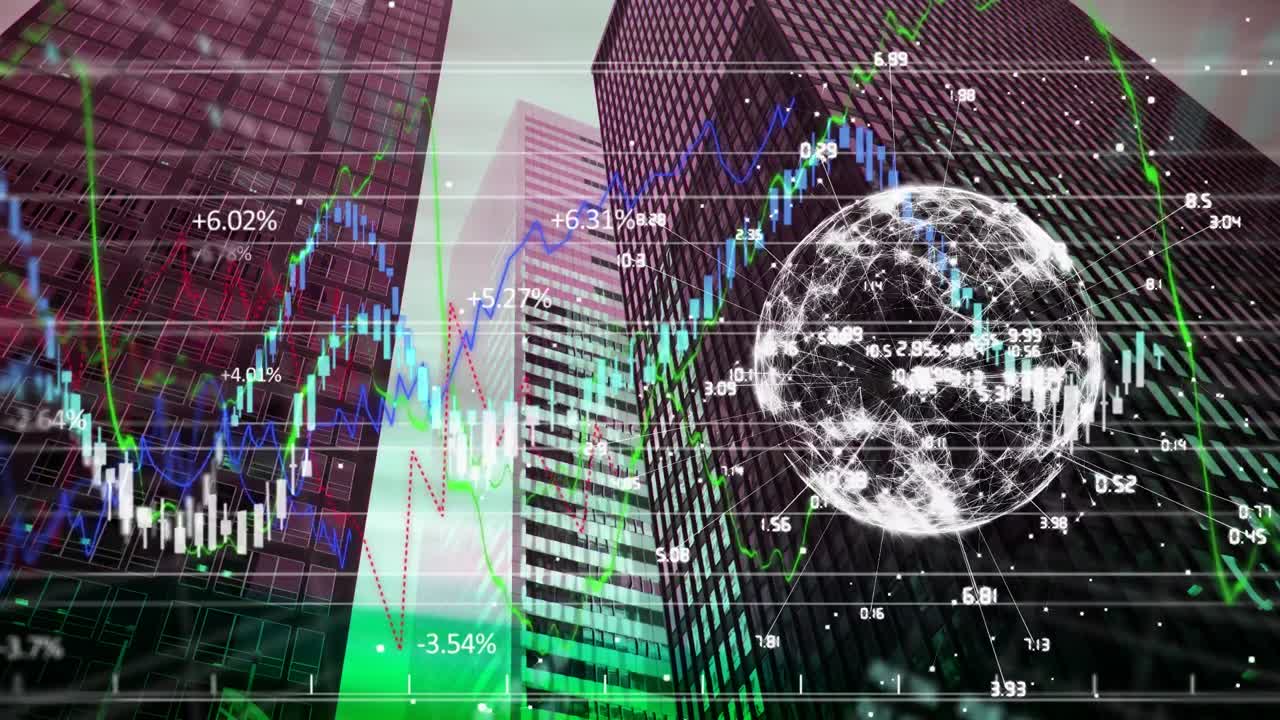 Animación de globo, datos y gráficos sobre rascacielos.