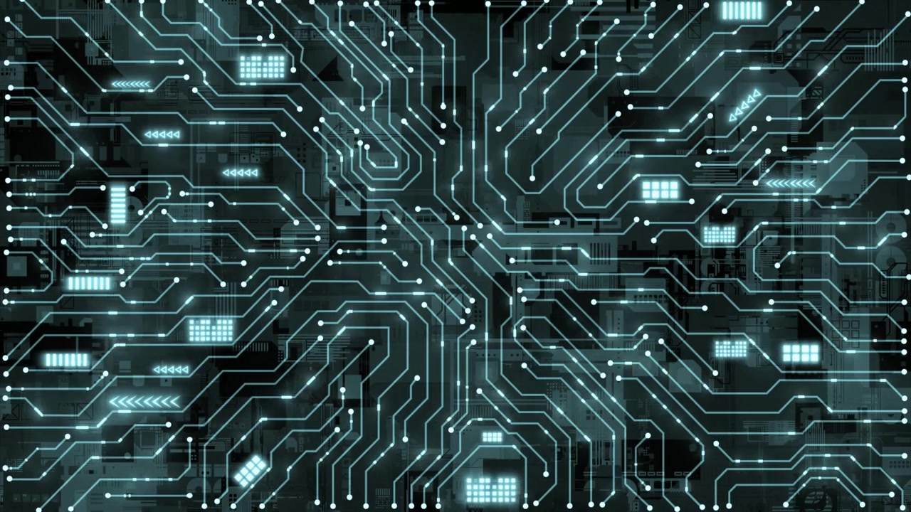 Digital Circuit Board with Glowing Lines and Blinking Lights