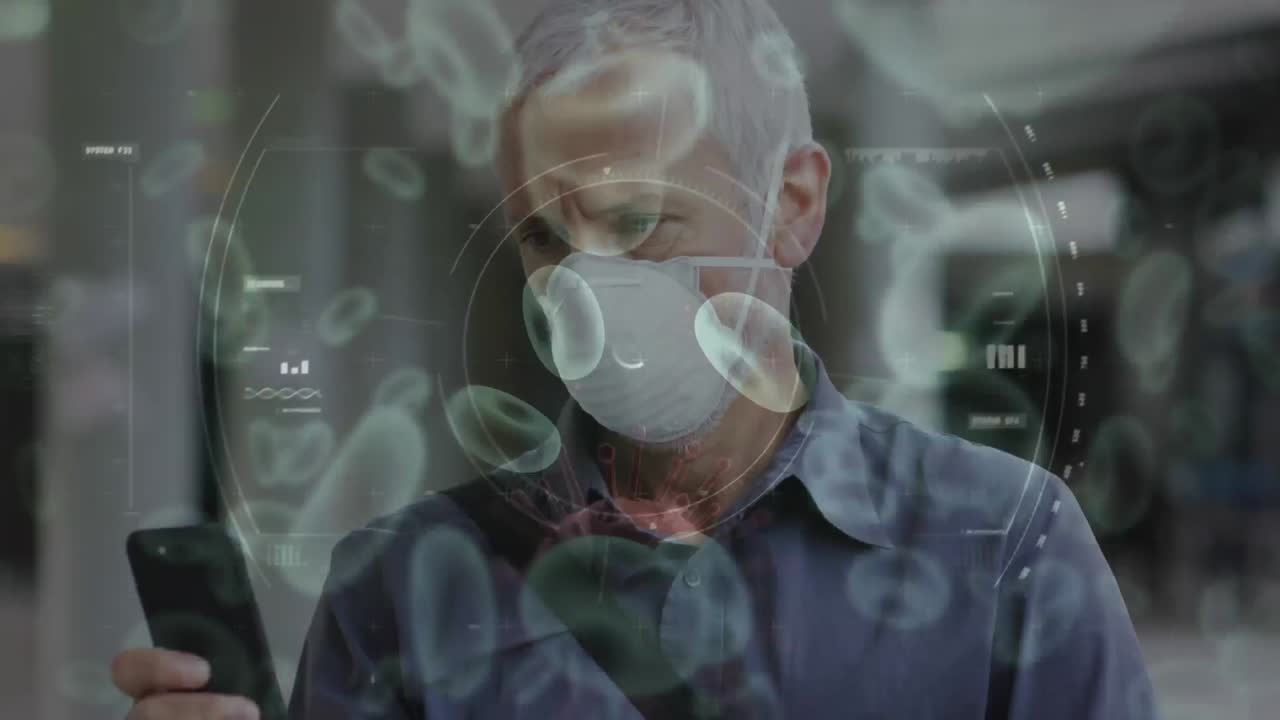 코로나19 세포가 얼굴 마스크를 쓰고 있는 사람을 가로질러 움직이는 애니메이션