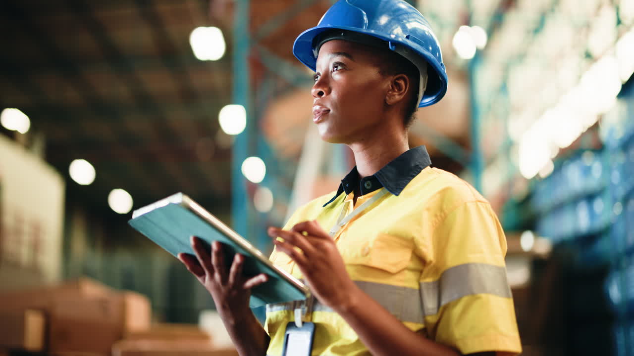 Focused Woman Worker in Hard Hat Using Tablet in Warehouse
