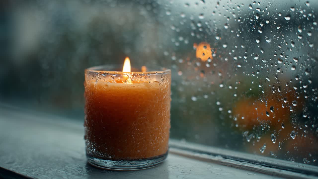 A Glowing Candle Illuminating a Rainy Window Scene, Evoking Warmth and Tranquility Amidst the Chill of a Gloomy Day with Raindrops on Glass