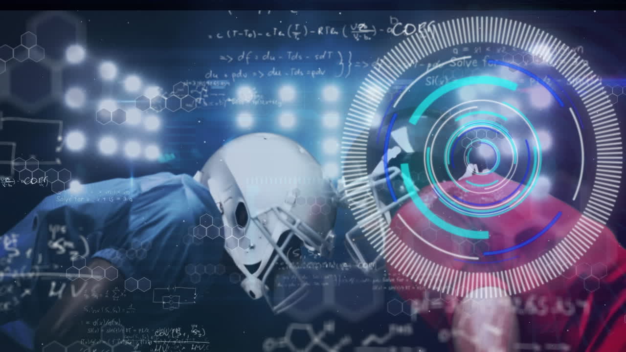 Animation of mathematical equations and data processing over diverse male rugby players at stadium