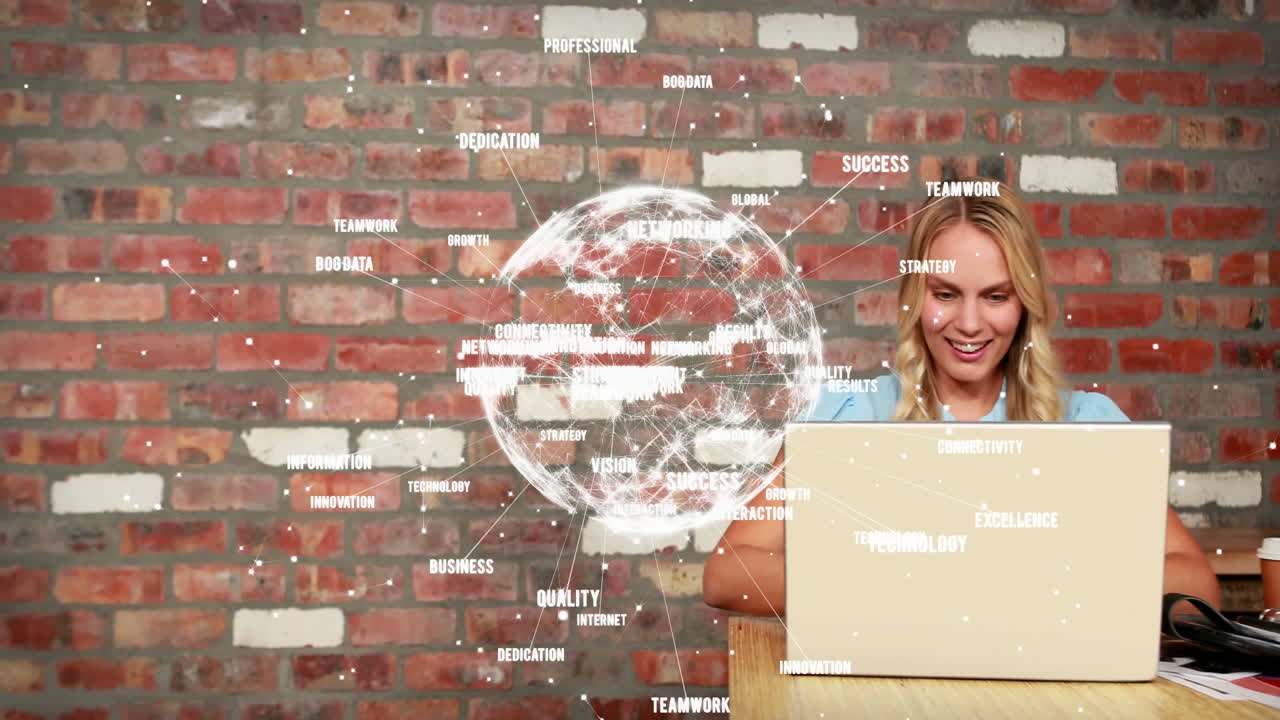 Using laptop, smiling woman with digital network animation in business setting