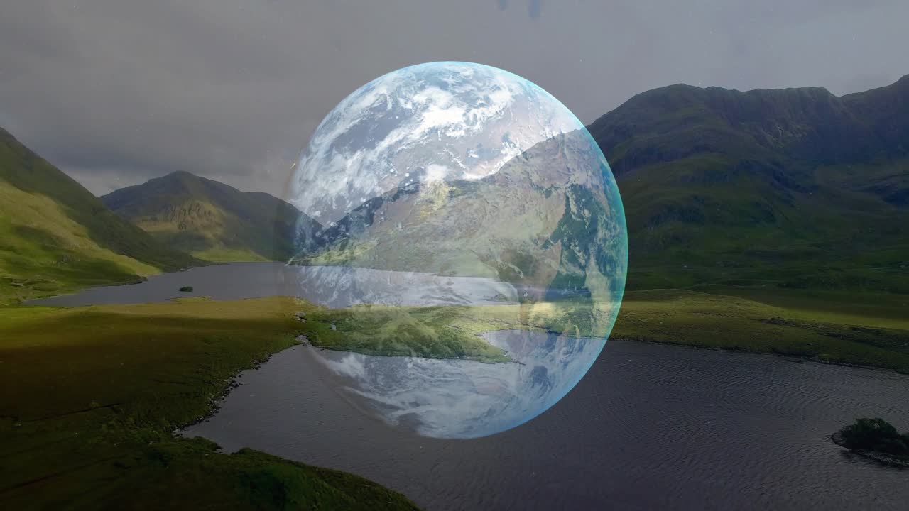 Globo terrestre aparecendo após revelação aérea sobre vale de lago, alinhando e girando para visualização do clima.