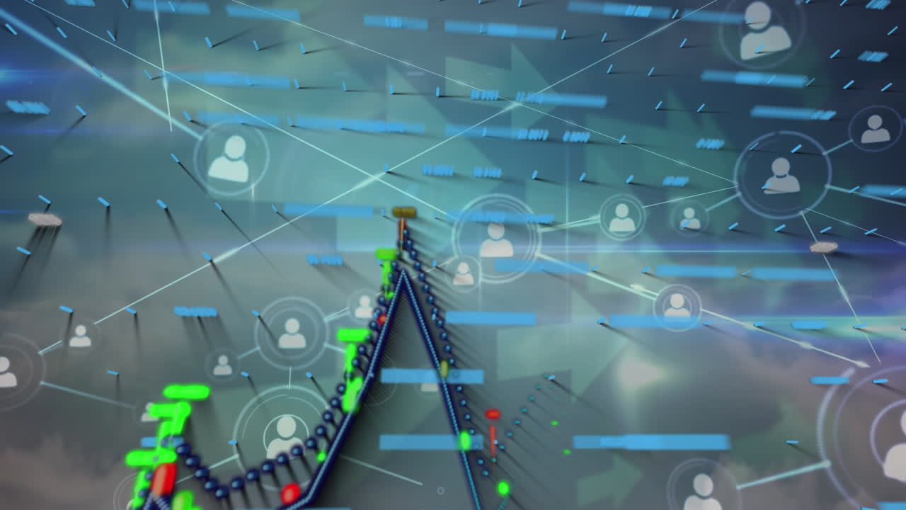 하늘을 가로지르는 연결 네트워크와 디지털 인터페이스 및 그래프의 애니메이션