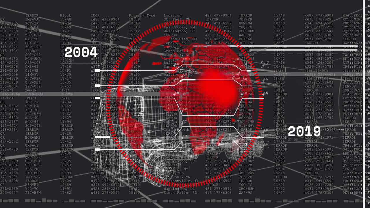 Displaying ring encircling red globe above wireframe truck while data lines linking 2004, 2019