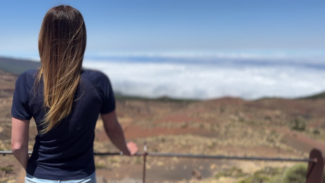Woman looking at a breathtaking mountain panorama from a viewpoint on a sunny day