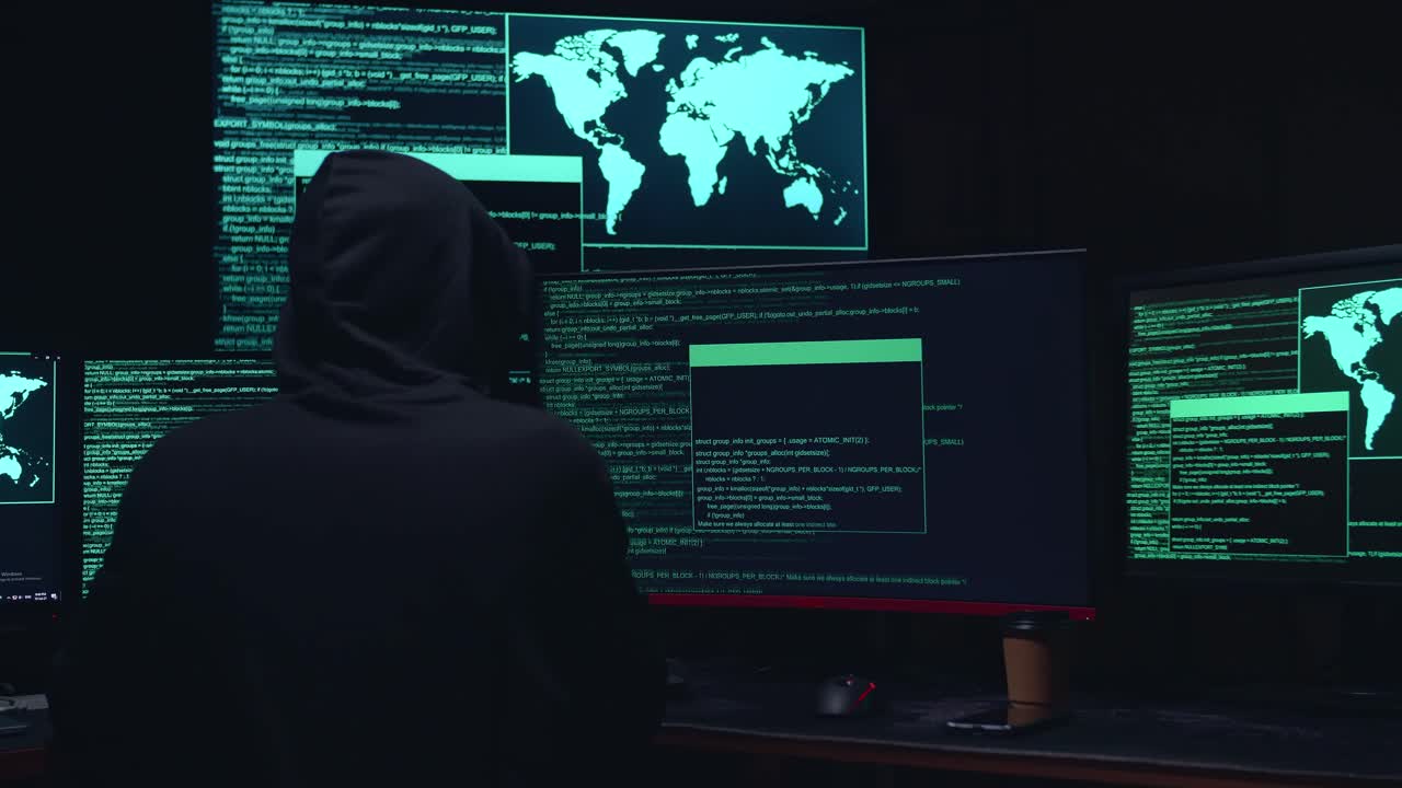 Back View Of Male Hacker Hacking With Code On Multiple Computer