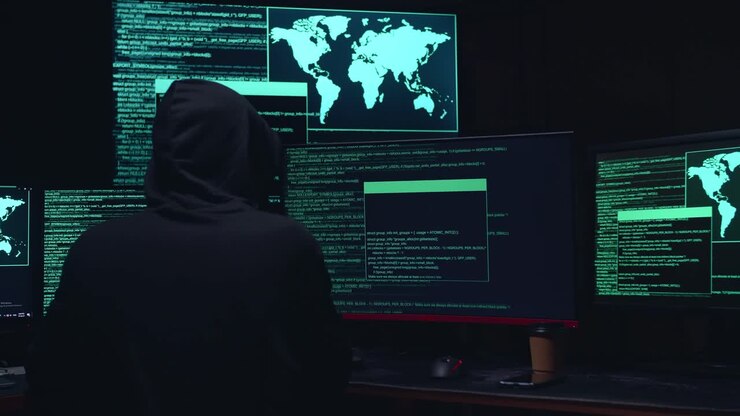 Vista posteriore di un hacker maschio che hackera con codice su più schermi di computer