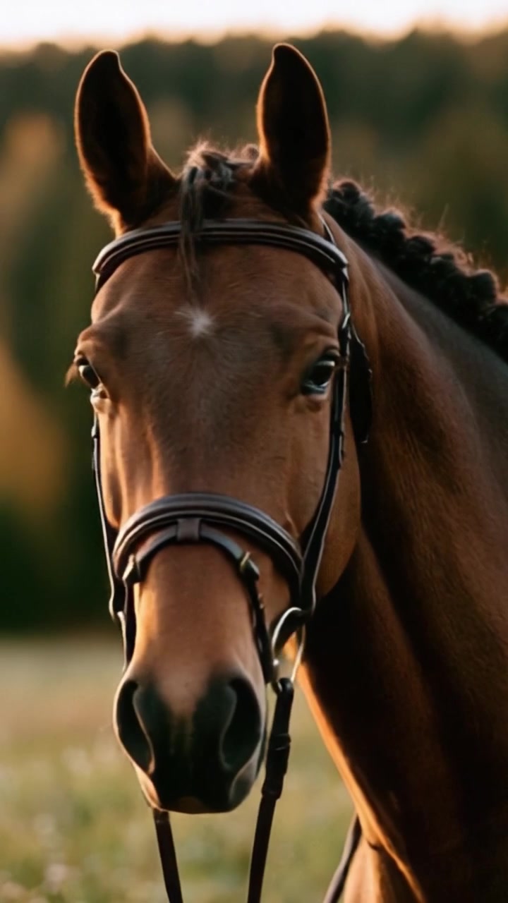 Un maestoso cavallo nell'ora d'oro: catturando la grazia e la bellezza di un compagno equino con occhi scintillanti e un manto luccicante in un ambiente sereno.