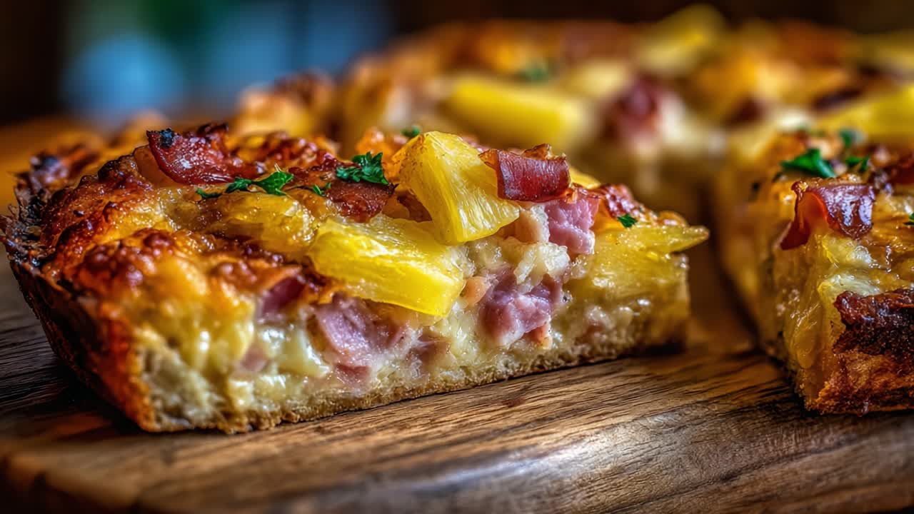 Un delizioso piatto al forno squisitamente preparato con prosciutto saporito, ananas dolce e formaggio fuso, dorato alla perfezione e pronto per essere gustato in ogni fetta.