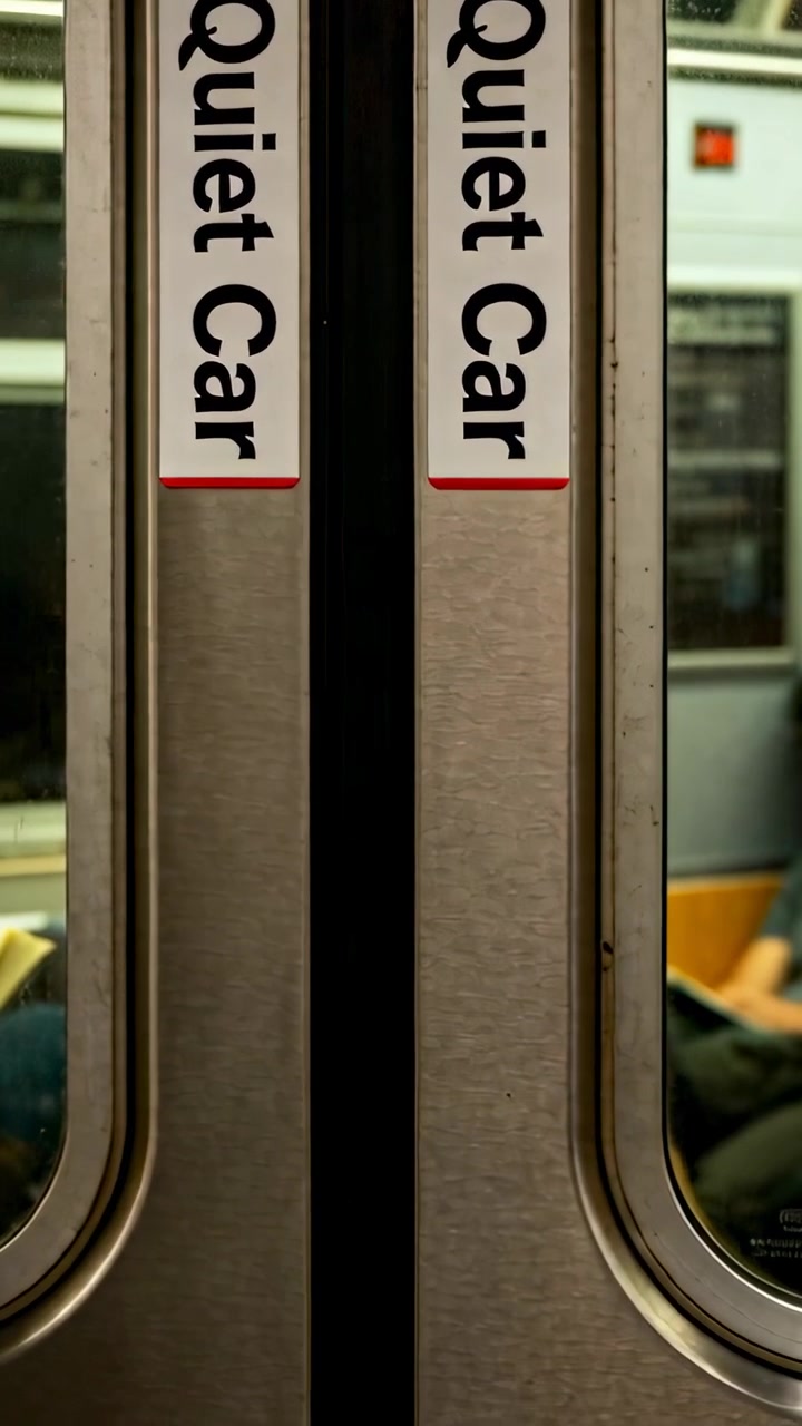 Video verticale: Inquadratura delle porte scorrevoli di un vagone silenzioso, con la telecamera che parte dal treno, mostrando una panca e dei jeans