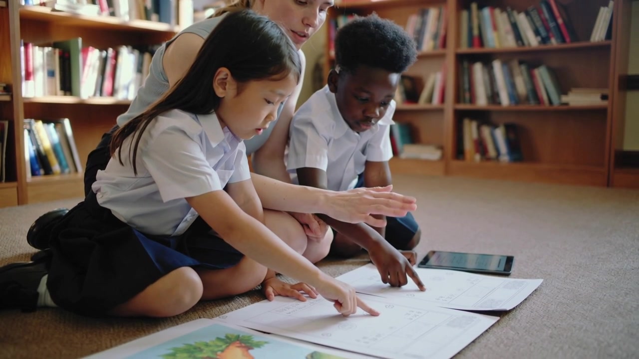 Placing hand over pages, teacher in sleeveless top guiding kids in uniform in library