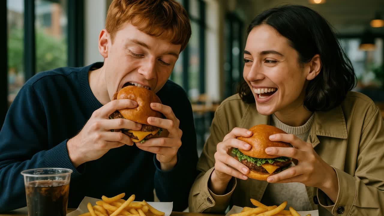A lively video scene of two friends enjoying burgers and fries at a cafe