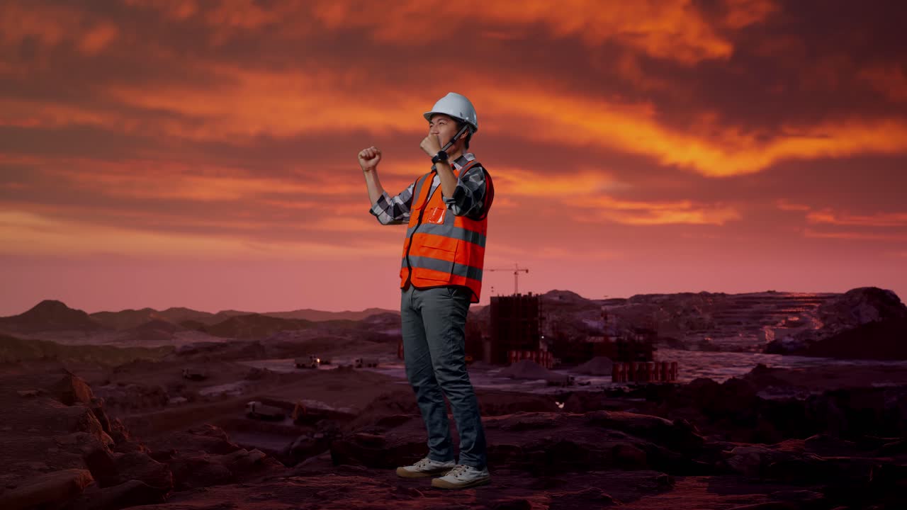 Construction Worker Celebrating Success at a Quarry at Sunset