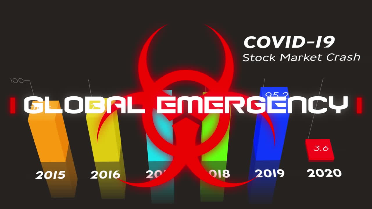 анимация текста данных о covid-19, символа биологической опасности и статистики на черном фоне