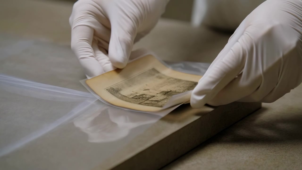 Mani guantate che maneggiano una fotografia vintage su un banco da lavoro, archivista conservatore ispeziona e appiattisce delicatamente
