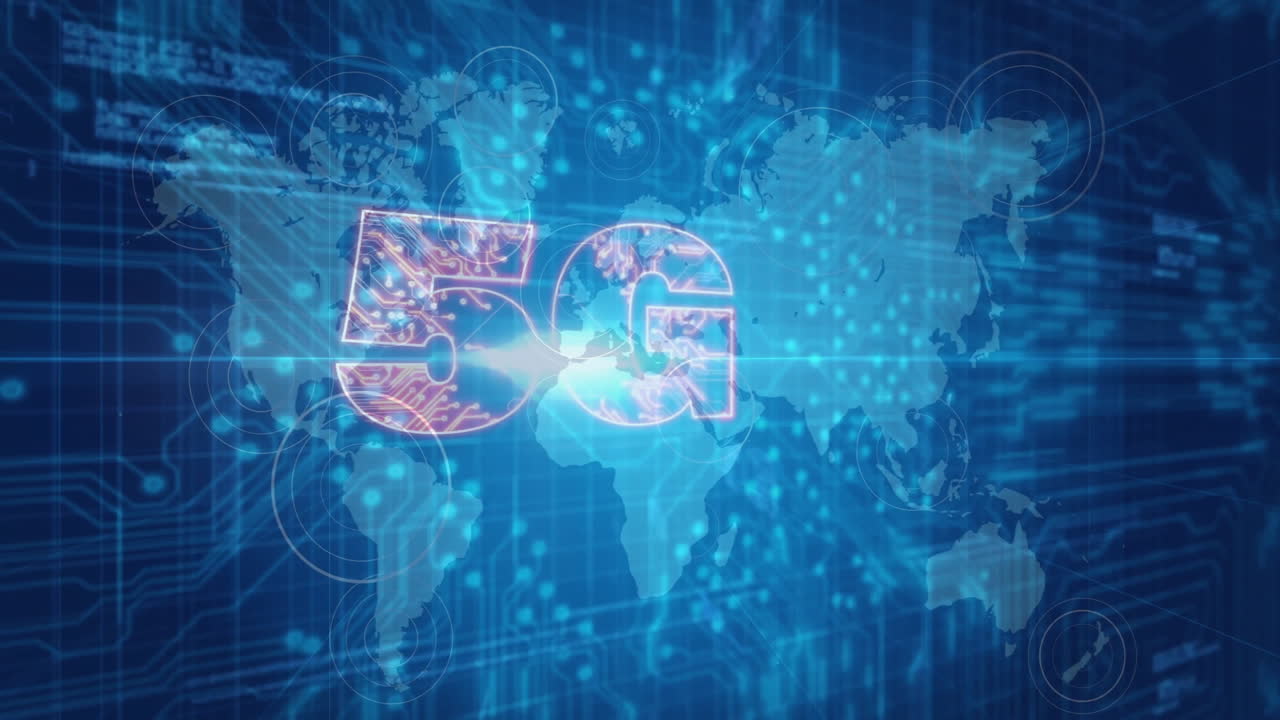 animazione di testo 5g e elaborazione di dati digitali su mappa del mondo