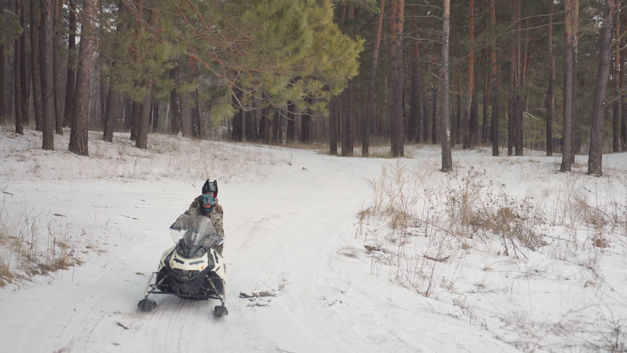 Motoslitta nella neve. Motoslitta che scivola su un sentiero forestale innevato. Paesaggio invernale tranquillo con un motociclista che si ferma in un bosco innevato. Scena invernale tranquilla in un'area remota mentre il motociclista si ferma su un sentiero di pini innevato.