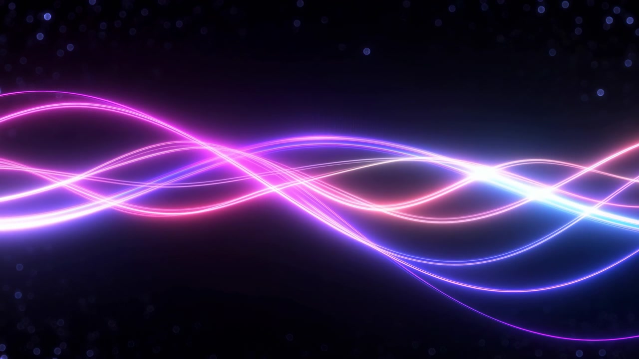 Neon Wave Ribbon Pulsing Across Dark Stage, Multicolor Light Paths Interweave Like Sound Visualization,