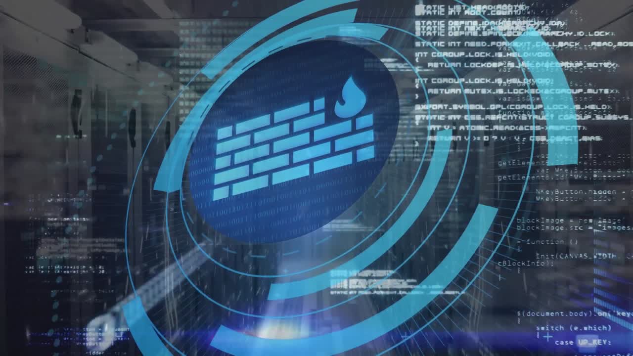 서버와 데이터 처리에 대한 서클에서 방화벽의 애니메이션.