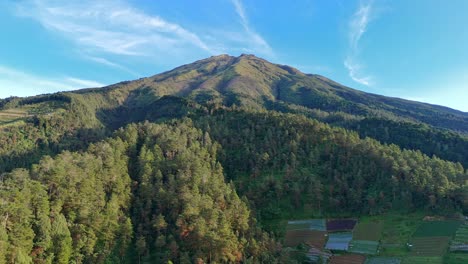 aerial view of tropical mountain with forest-covered slopes and colorful patchwork farms, framed by a clear blue sky. mount sumbing, indonesia