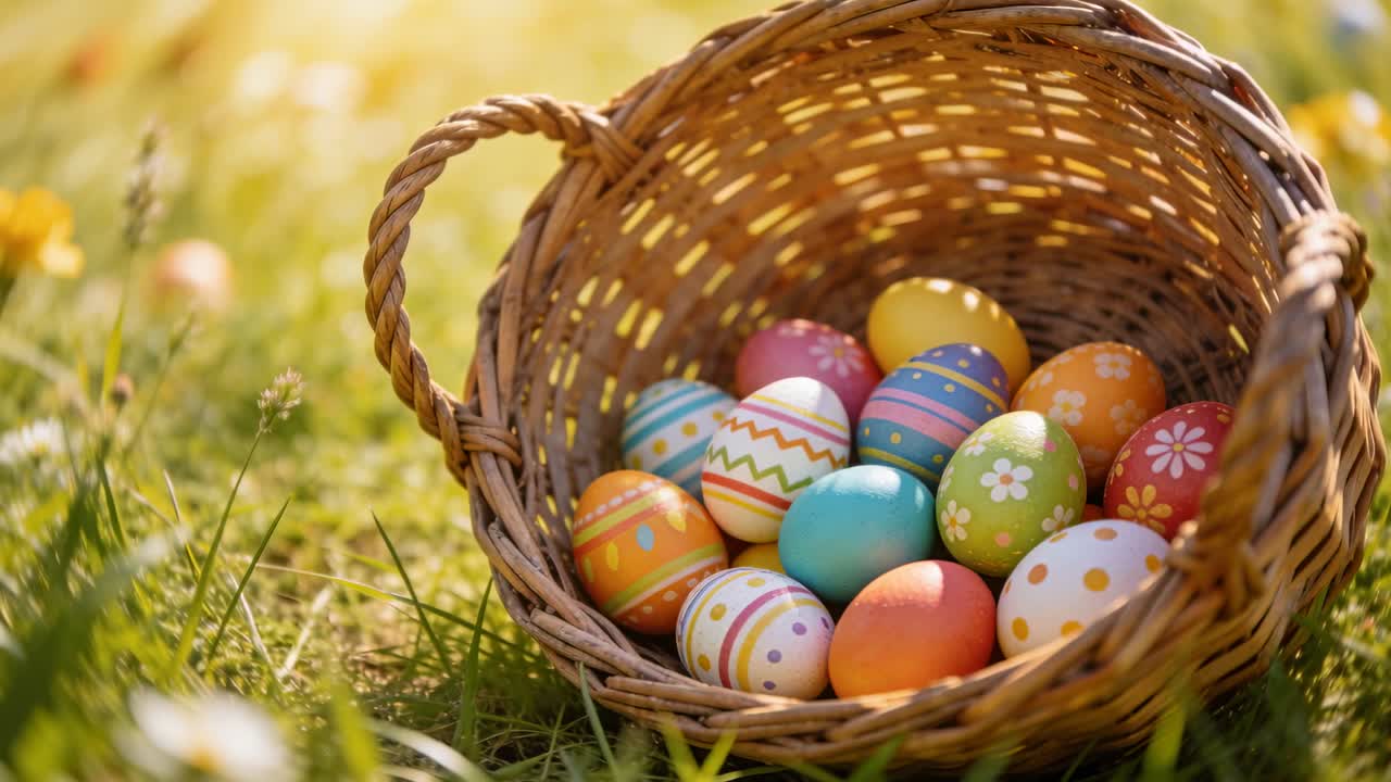 Moving camera revealing woven wicker basket in grassy meadow, showing painted Easter egg patterns