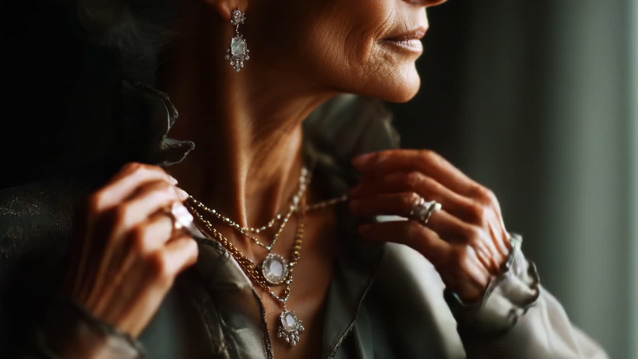 Elegant Portrait of a Mature Woman Displaying Exquisite Jewelry Collection, Featuring Intricate Necklaces, Earrings, and Rings in Soft Lighting, Emphasizing Timeless Beauty and Grace