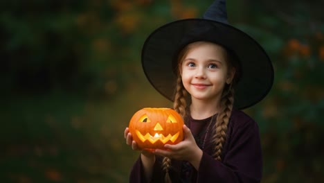A Young Witch Holding a Glowing Jack-o&#039;-Lantern in a Mysterious Forest, Captured in a Magical Halloween Moment with Enchanting Ambiance
