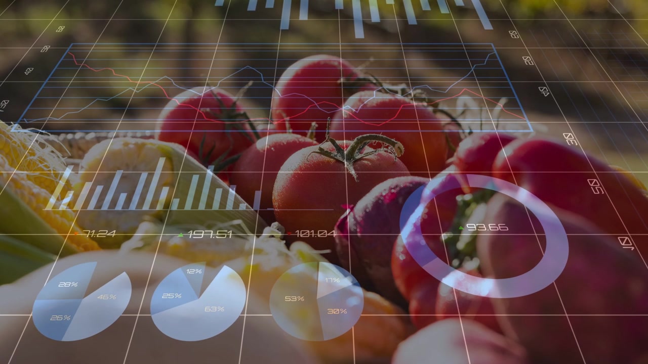 Aparece una cuadrícula, superposiciones de datos animándose sobre un racimo de tomates cherry para mostrar datos de cultivo